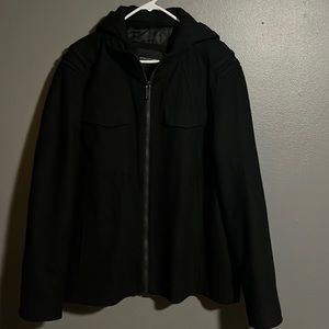 Black wool dress zipper jacket with hoodie excellent condition.